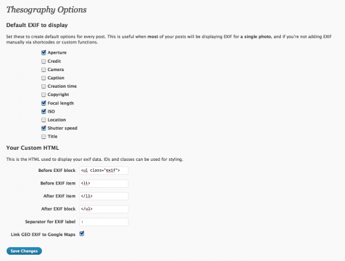 Thesography Options Page - default post settings and layout settings
