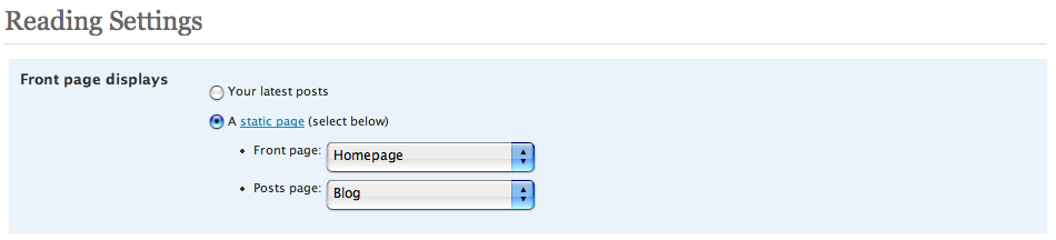 Reading settings - homepage Settings - Reading